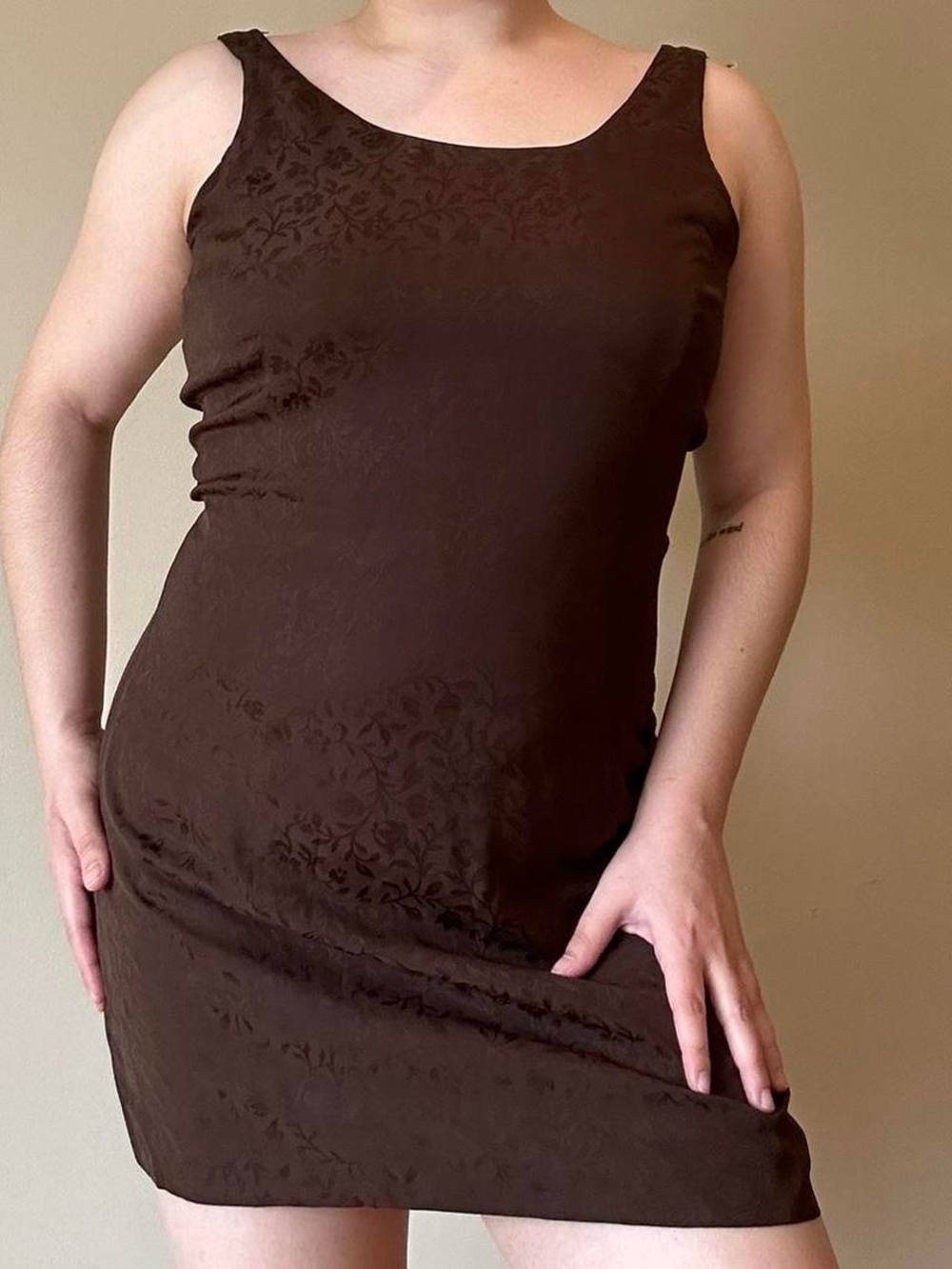 INC International Concepts Chocolate Brown Scoop Neck Mini Dress